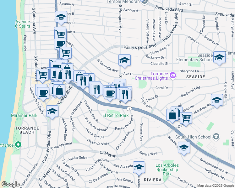 map of restaurants, bars, coffee shops, grocery stores, and more near 1932 South Prospect Avenue in Redondo Beach