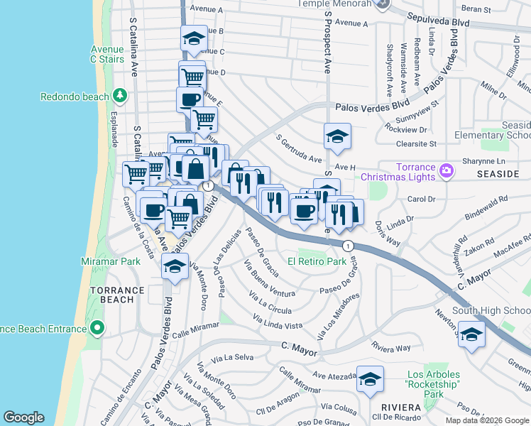 map of restaurants, bars, coffee shops, grocery stores, and more near 1800 South Pacific Coast Highway in Redondo Beach
