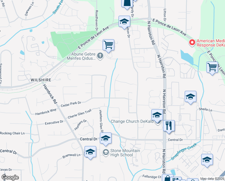 map of restaurants, bars, coffee shops, grocery stores, and more near 1284 Cedar Keys Court in Stone Mountain
