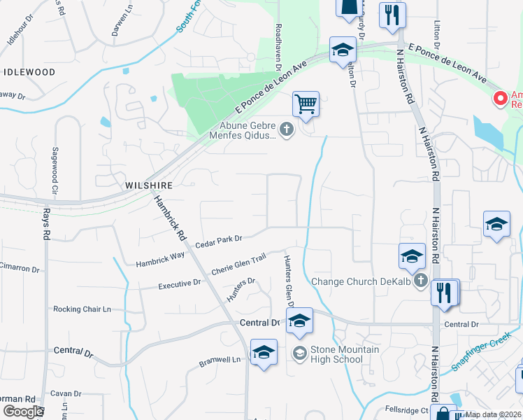 map of restaurants, bars, coffee shops, grocery stores, and more near 1284 Ginger Wood Drive in Stone Mountain