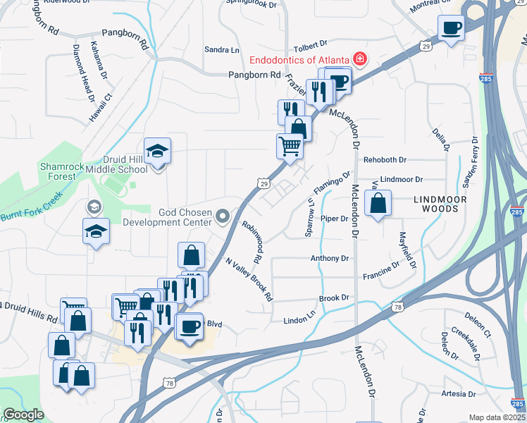 map of restaurants, bars, coffee shops, grocery stores, and more near 2411 Lawrenceville Highway in Decatur