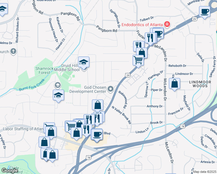 map of restaurants, bars, coffee shops, grocery stores, and more near 2400 Lawrenceville Highway in Decatur