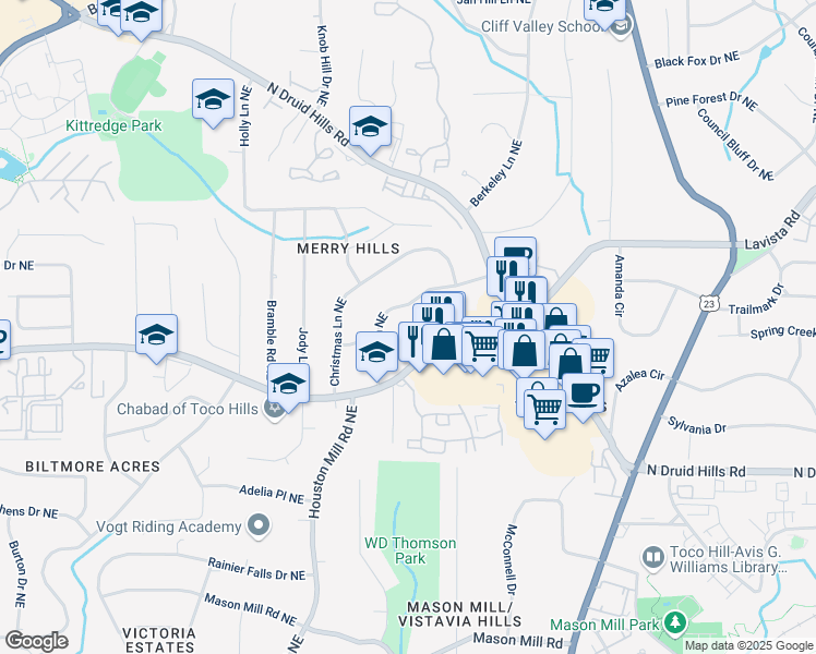 map of restaurants, bars, coffee shops, grocery stores, and more near 1446 Wembley Court Northeast in Atlanta