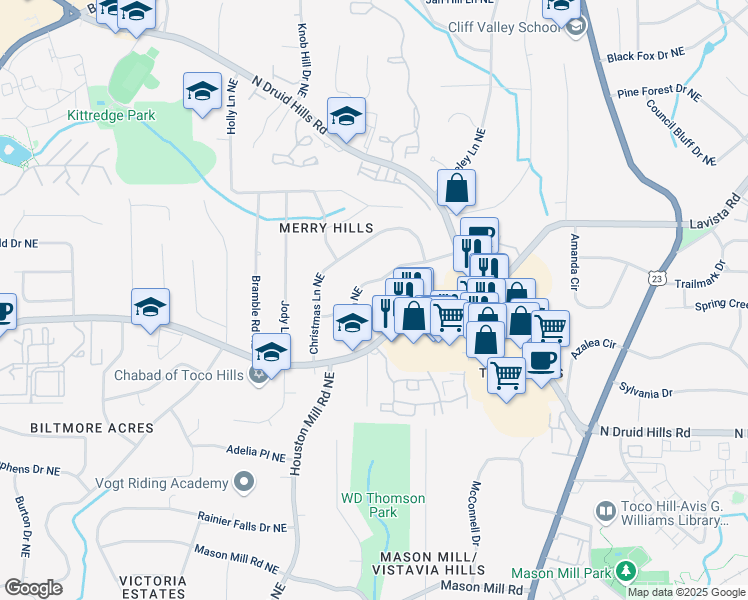 map of restaurants, bars, coffee shops, grocery stores, and more near 1452 Wembley Court Northeast in Atlanta