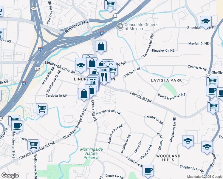 map of restaurants, bars, coffee shops, grocery stores, and more near 1197 Lavista Road Northeast in Atlanta