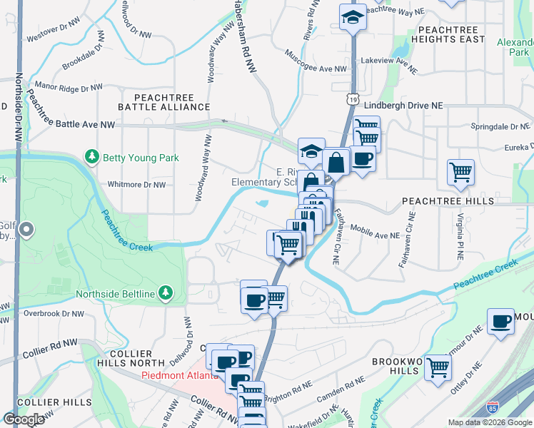 map of restaurants, bars, coffee shops, grocery stores, and more near 99 Peachtree Memorial Drive Northwest in Atlanta
