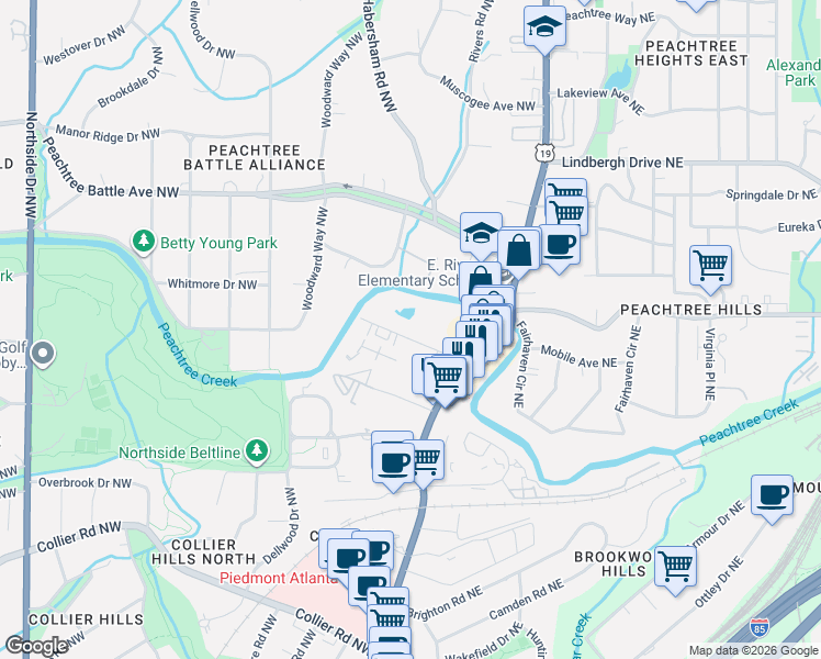 map of restaurants, bars, coffee shops, grocery stores, and more near 99 Peachtree Memorial Drive Northwest in Atlanta