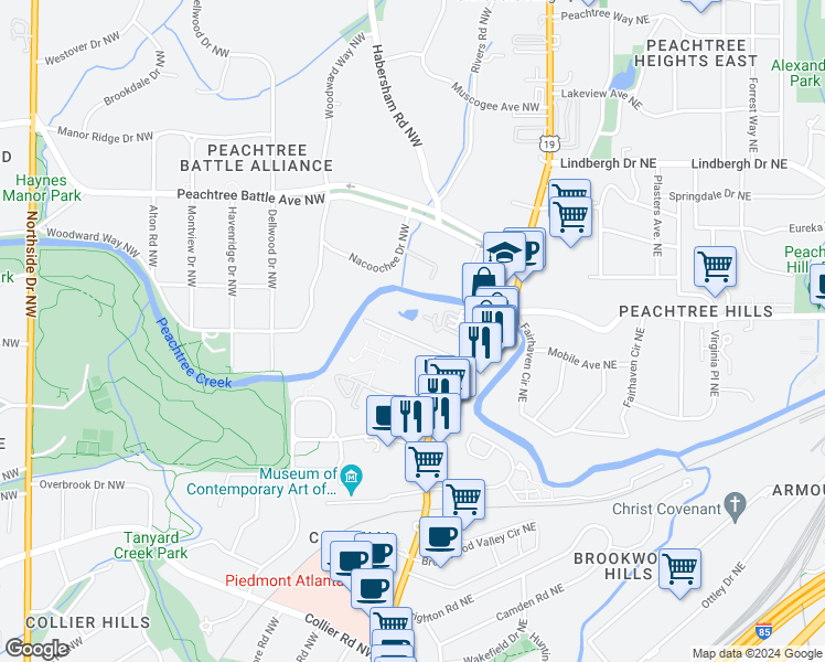 map of restaurants, bars, coffee shops, grocery stores, and more near 99 Peachtree Memorial Drive Northwest in Atlanta
