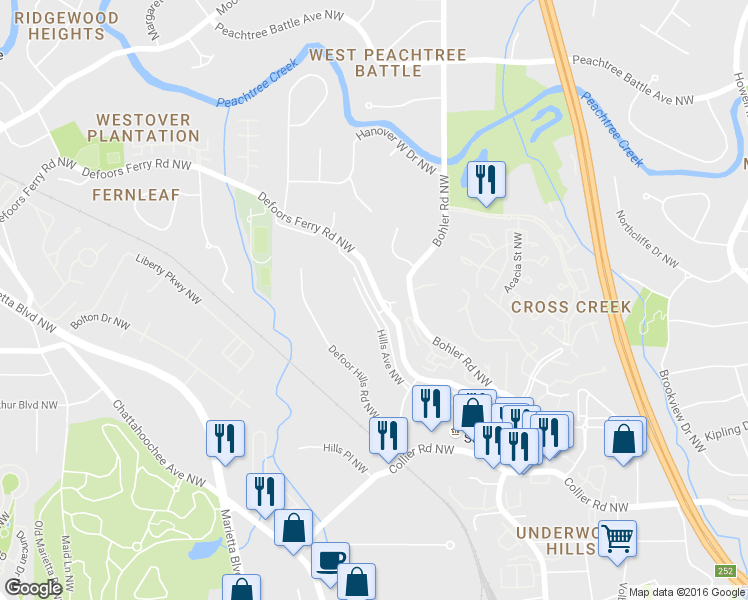 map of restaurants, bars, coffee shops, grocery stores, and more near 2280 Defoors Ferry Road Northwest in Atlanta