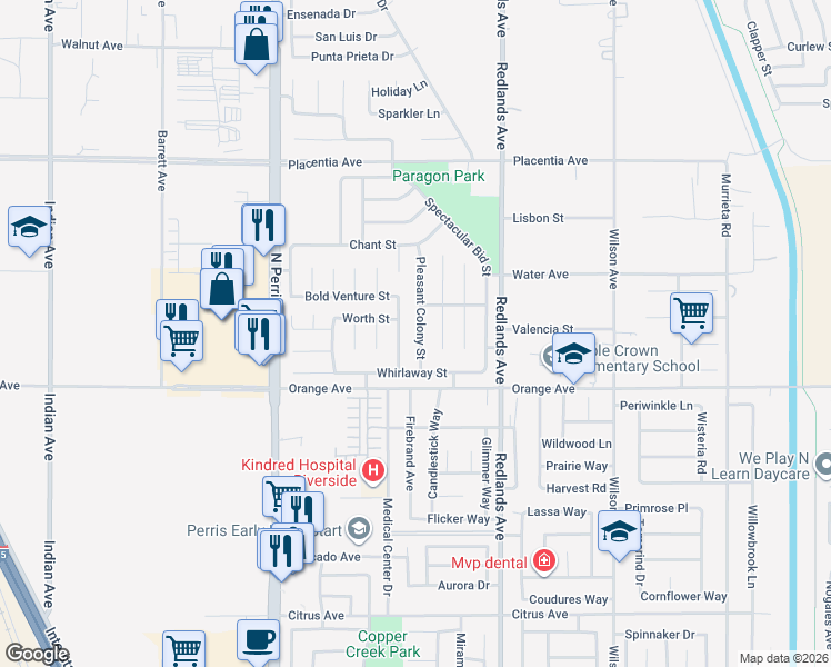 map of restaurants, bars, coffee shops, grocery stores, and more near 2502 Pleasant Colony Street in Perris