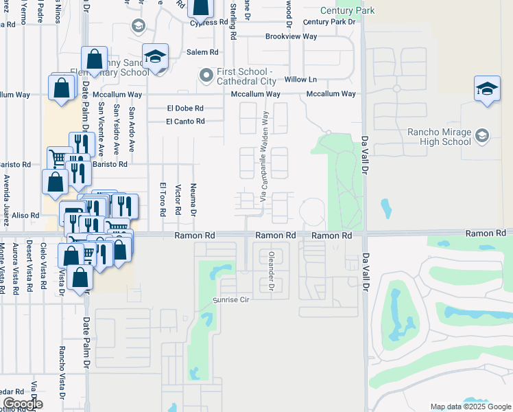 map of restaurants, bars, coffee shops, grocery stores, and more near 500 Via Assisi in Cathedral City