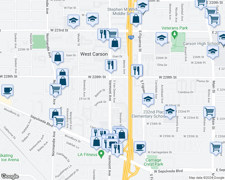 map of restaurants, bars, coffee shops, grocery stores, and more near 22855 South Van Deene Avenue in Torrance