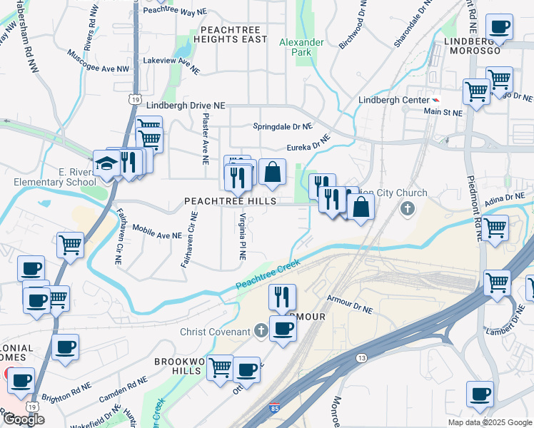 map of restaurants, bars, coffee shops, grocery stores, and more near 229 Peachtree Hills Avenue Northeast in Atlanta