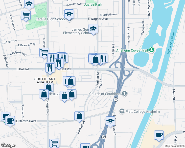 map of restaurants, bars, coffee shops, grocery stores, and more near 1221 Sunburst Way in Anaheim
