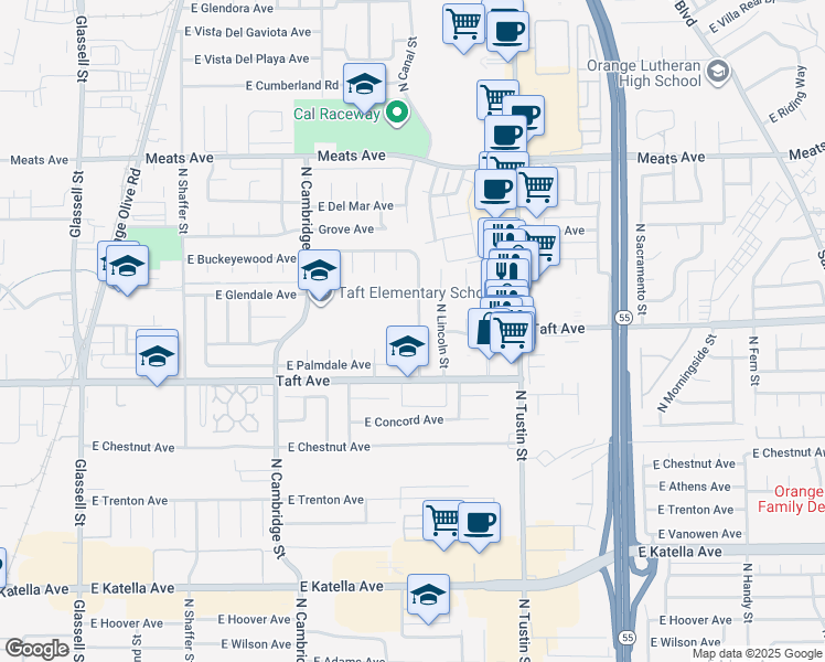 map of restaurants, bars, coffee shops, grocery stores, and more near 1788 North Greengrove Street in Orange