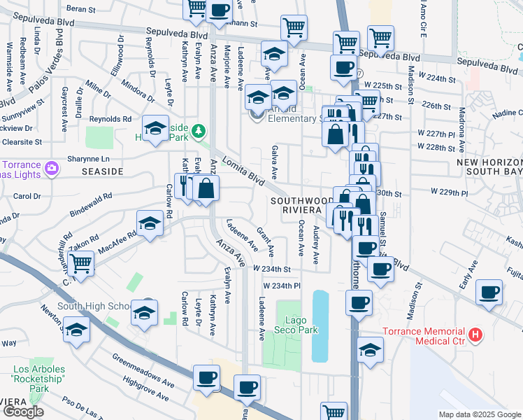 map of restaurants, bars, coffee shops, grocery stores, and more near 23105 Galva Avenue in Torrance