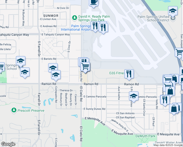 map of restaurants, bars, coffee shops, grocery stores, and more near 440 El Cielo Road in Palm Springs