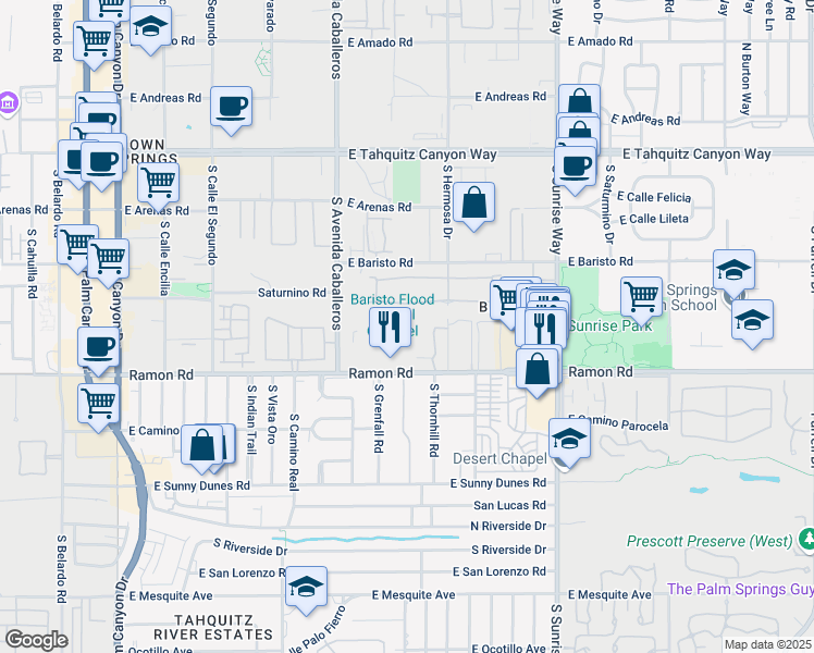 map of restaurants, bars, coffee shops, grocery stores, and more near 1253 Tiffany Circle South in Palm Springs
