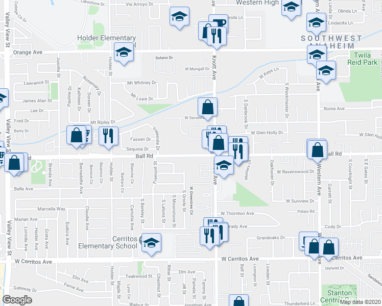 map of restaurants, bars, coffee shops, grocery stores, and more near 3549 West Ball Road in Anaheim