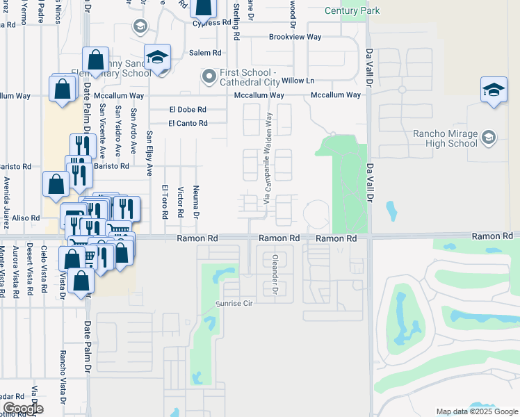 map of restaurants, bars, coffee shops, grocery stores, and more near 500 Via Assisi in Cathedral City