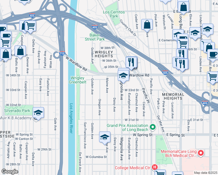 map of restaurants, bars, coffee shops, grocery stores, and more near 3312 Maine Avenue in Long Beach