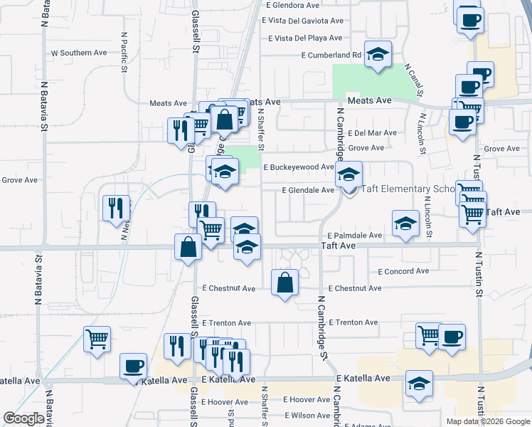 map of restaurants, bars, coffee shops, grocery stores, and more near 1789 North Shaffer Street in Orange