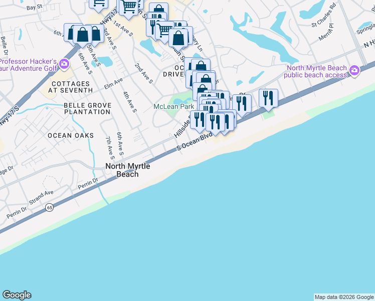 map of restaurants, bars, coffee shops, grocery stores, and more near 201 South Ocean Boulevard in North Myrtle Beach
