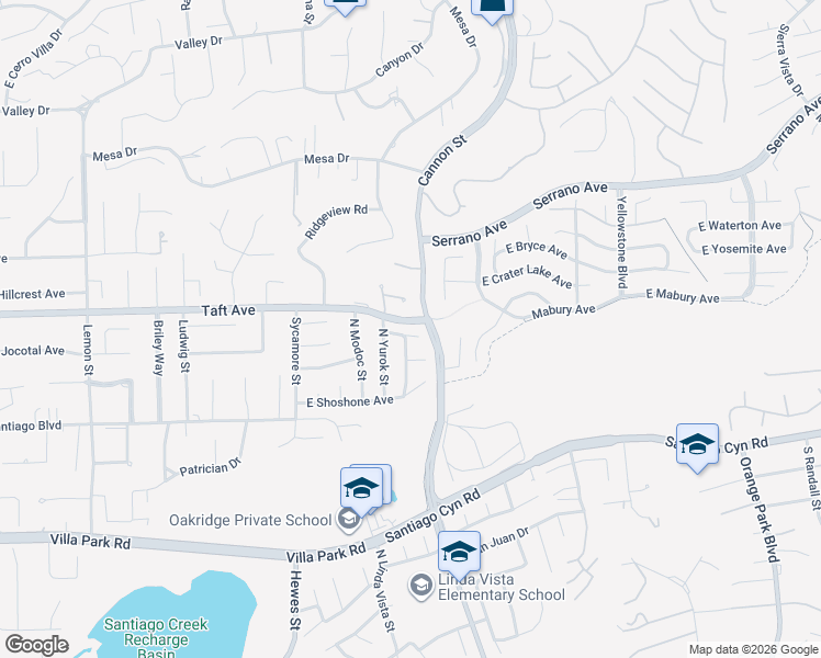 map of restaurants, bars, coffee shops, grocery stores, and more near 5247 E Playano Ave in Orange