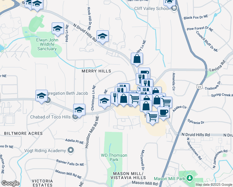map of restaurants, bars, coffee shops, grocery stores, and more near 1452 Wembley Court Northeast in Atlanta