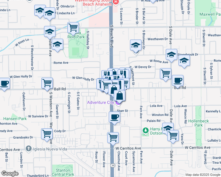 map of restaurants, bars, coffee shops, grocery stores, and more near W Ball Rd & S Beach Blvd in Anaheim