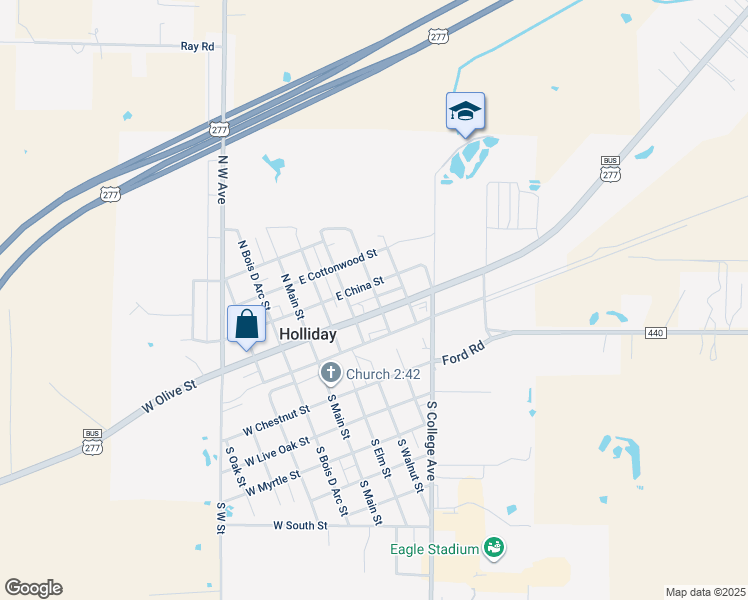 map of restaurants, bars, coffee shops, grocery stores, and more near 205 North Pecan Street in Holliday