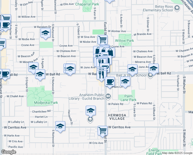 map of restaurants, bars, coffee shops, grocery stores, and more near 1740 West Ball Road in Anaheim