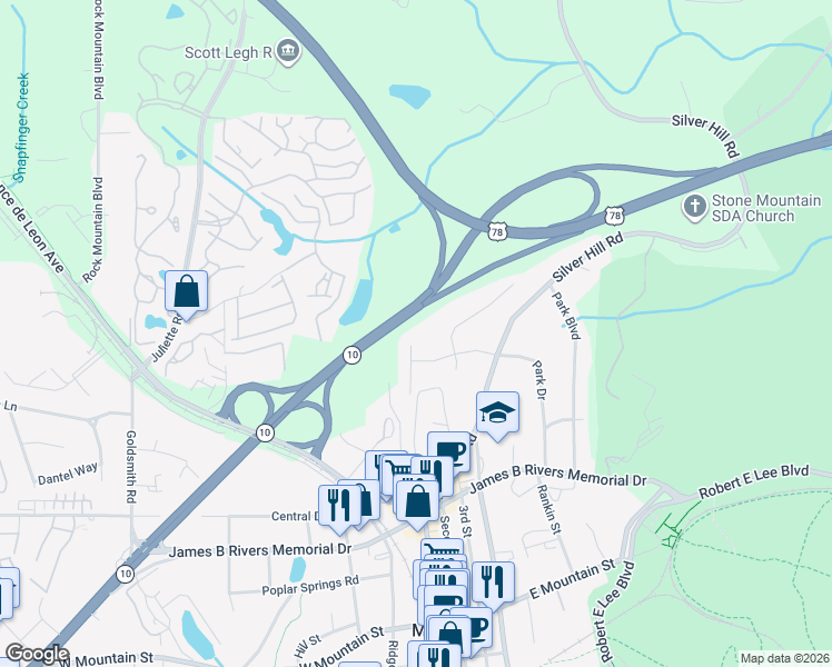 map of restaurants, bars, coffee shops, grocery stores, and more near 1271 Briarbrook Ct in Stone Mountain