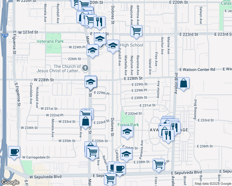 map of restaurants, bars, coffee shops, grocery stores, and more near 241 East 229th Place in Carson