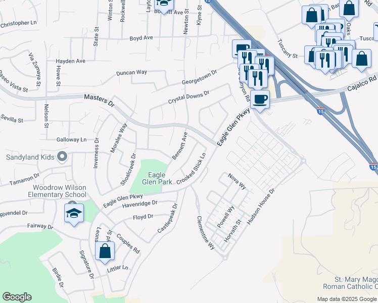map of restaurants, bars, coffee shops, grocery stores, and more near 4120 Forest Highlands Circle in Corona