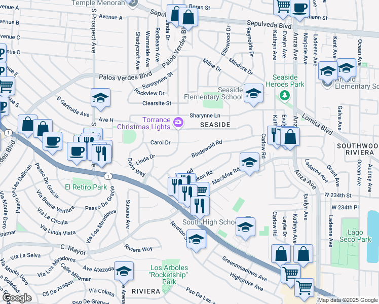 map of restaurants, bars, coffee shops, grocery stores, and more near 5249 Bindewald Road in Torrance
