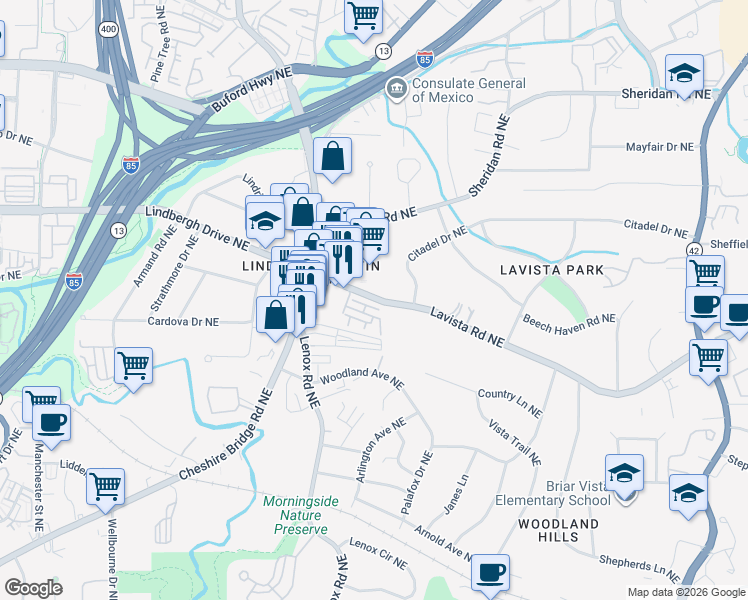 map of restaurants, bars, coffee shops, grocery stores, and more near 1215 Lavista Road Northeast in Atlanta