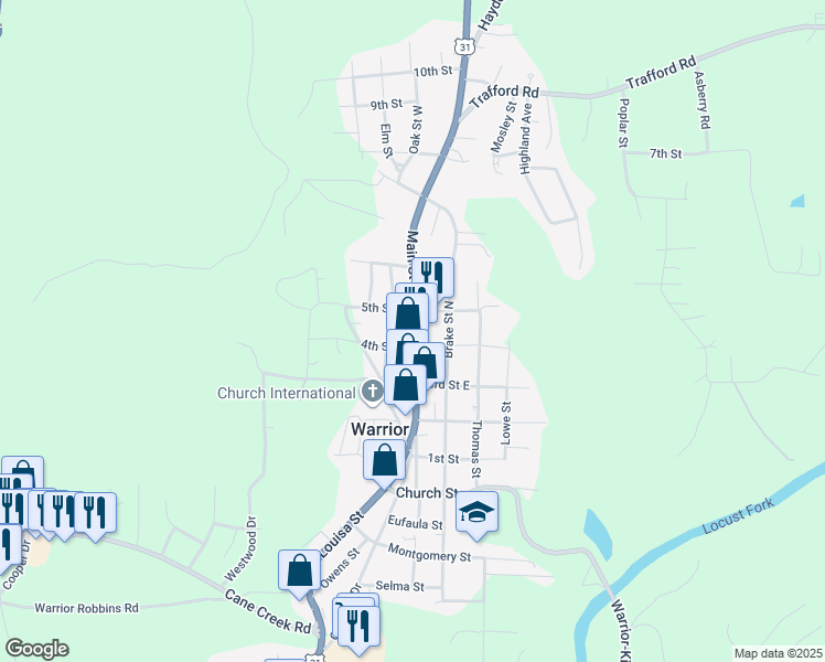 map of restaurants, bars, coffee shops, grocery stores, and more near 409 Main Street in Warrior