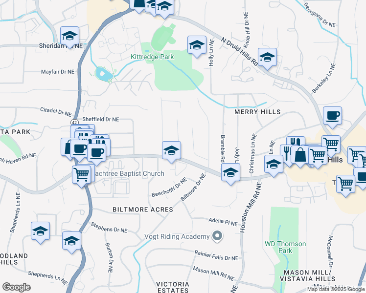 map of restaurants, bars, coffee shops, grocery stores, and more near 1293 Breezy Ln NE in Atlanta