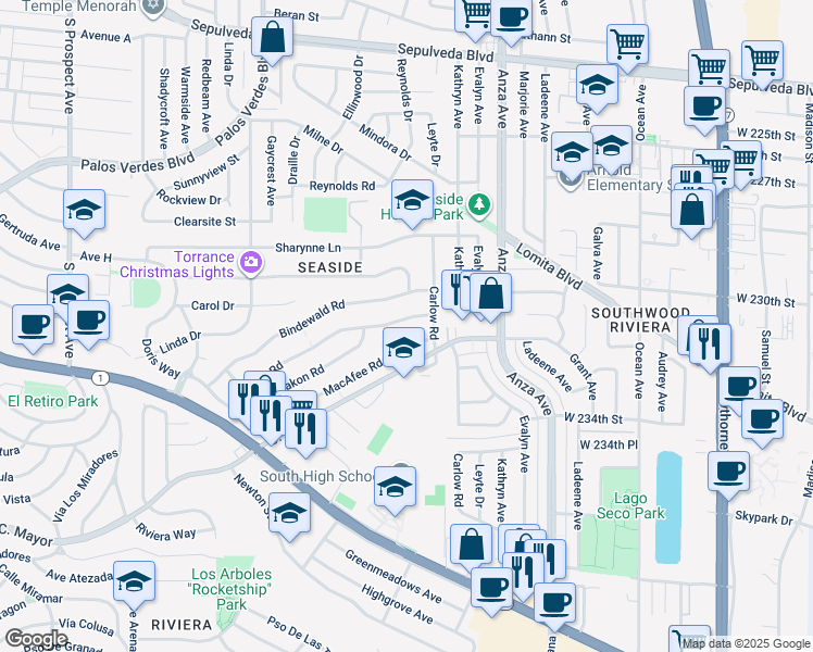 map of restaurants, bars, coffee shops, grocery stores, and more near 4706 Vanderhill Road in Torrance