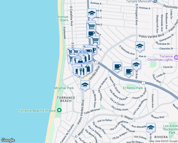 map of restaurants, bars, coffee shops, grocery stores, and more near 1800 South Elena Avenue in Redondo Beach