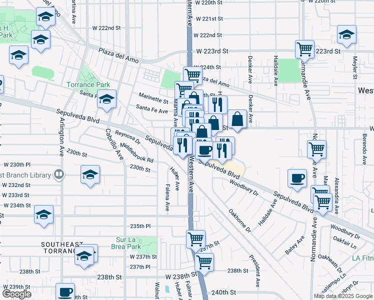 map of restaurants, bars, coffee shops, grocery stores, and more near 2848 Alberta Street in Torrance
