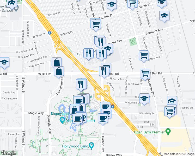map of restaurants, bars, coffee shops, grocery stores, and more near 1221 South Harbor Boulevard in Anaheim