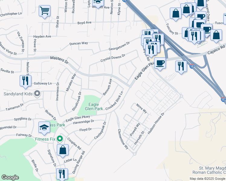 map of restaurants, bars, coffee shops, grocery stores, and more near 4120 Forest Highlands Circle in Corona