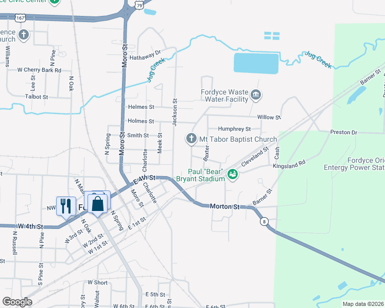 map of restaurants, bars, coffee shops, grocery stores, and more near 704 Hayes Street in Fordyce