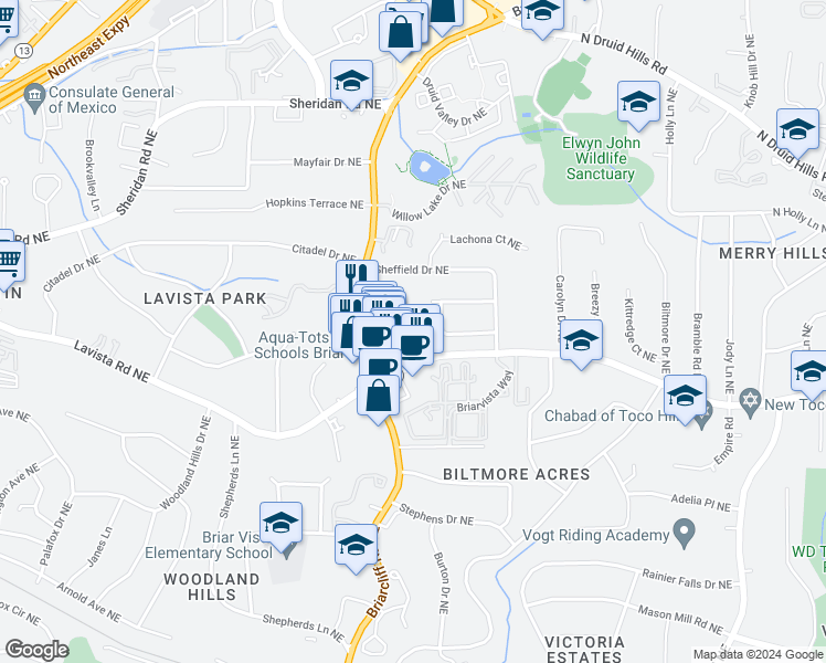 map of restaurants, bars, coffee shops, grocery stores, and more near 1295 Linden Court in Atlanta