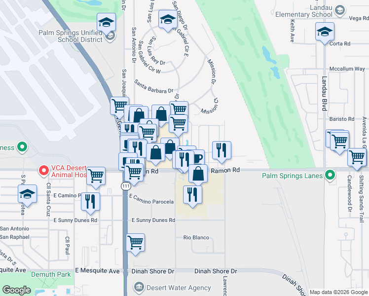 map of restaurants, bars, coffee shops, grocery stores, and more near 63 Lakeview Circle in Cathedral City