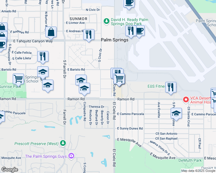 map of restaurants, bars, coffee shops, grocery stores, and more near 401 El Cielo Road in Palm Springs