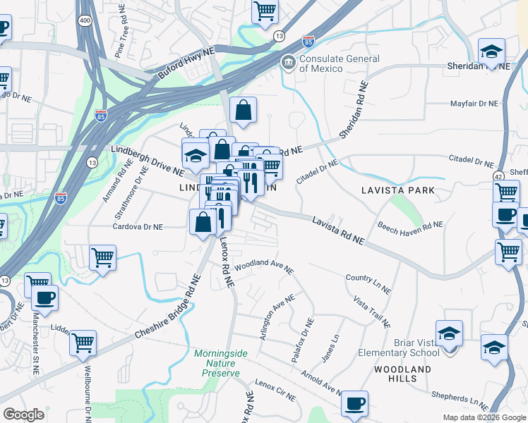 map of restaurants, bars, coffee shops, grocery stores, and more near 1197 Lavista Road Northeast in Atlanta