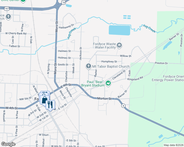 map of restaurants, bars, coffee shops, grocery stores, and more near 704 Hayes Street in Fordyce